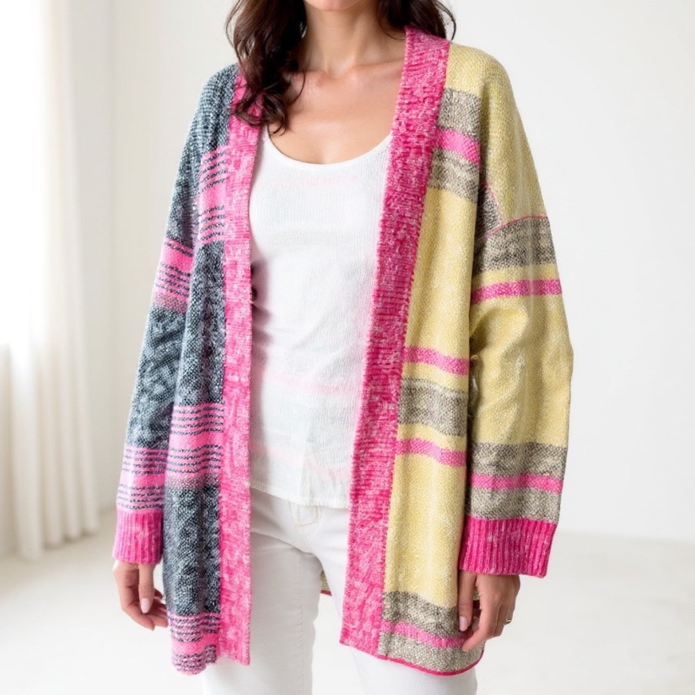 Mazik Oversized Colorblock Knit Cardigan Pink Yellow Gray M